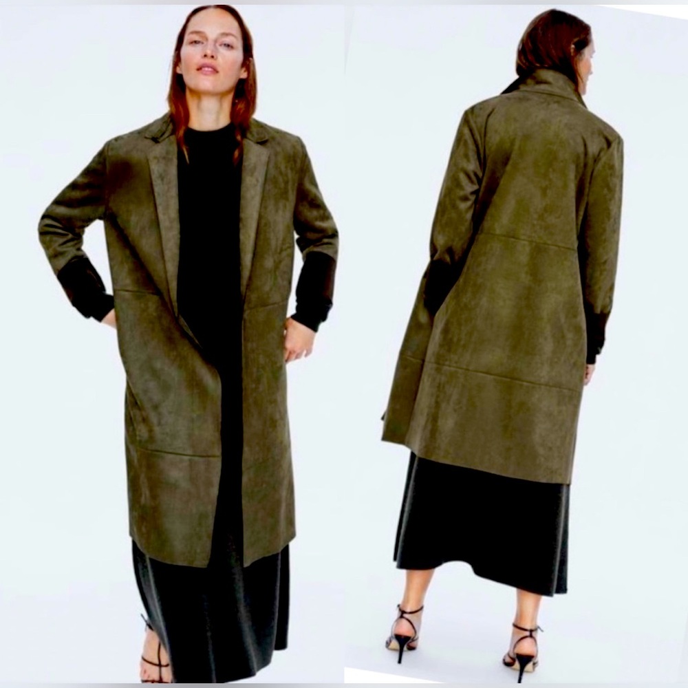Zara Suede Look Long Coat in Olive Green